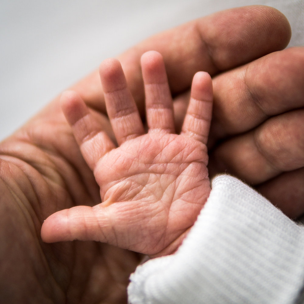 Newborn baby's feet cradled in a parent's hands