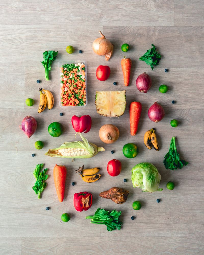 Fresh fruit and vegetables arranged on a table